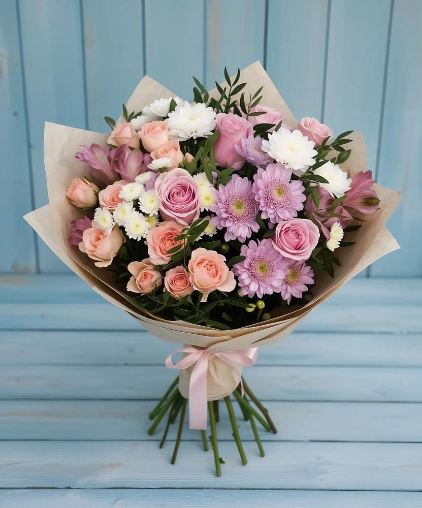 Букет цветов из: Хризантемы, Розы и Альстромерии в Заре