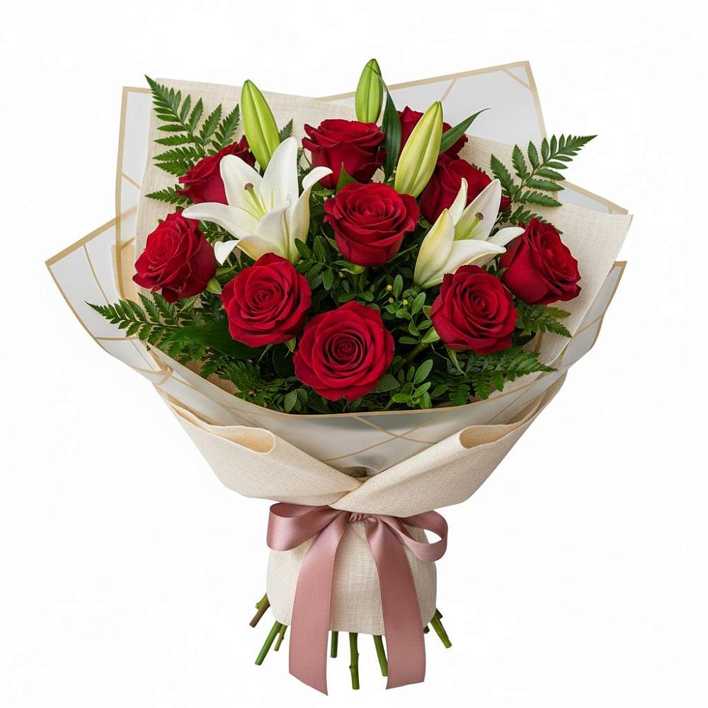 Букет цветов из: Лилии и Розы в Заре