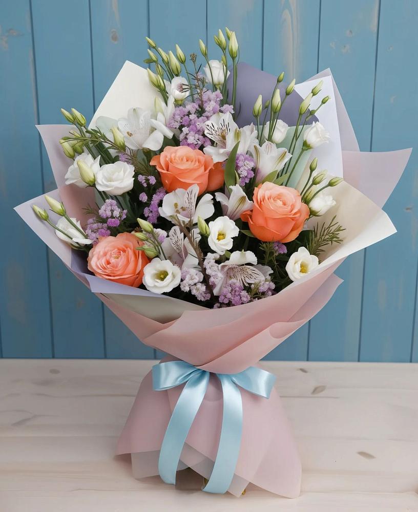 Букет цветов из: Лизиантусы, Розы, Альстромерии и Гипсофила в Заре