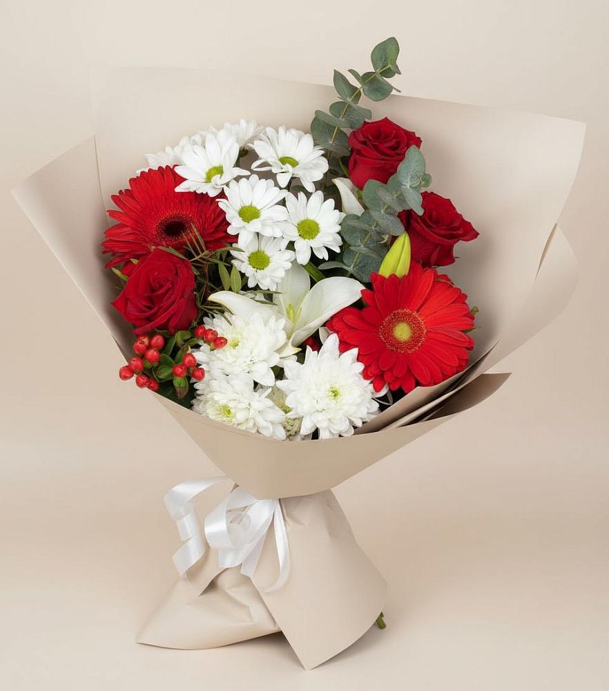 Букет цветов из: Розы, Хризантемы, Герберы и Лилии в Заре
