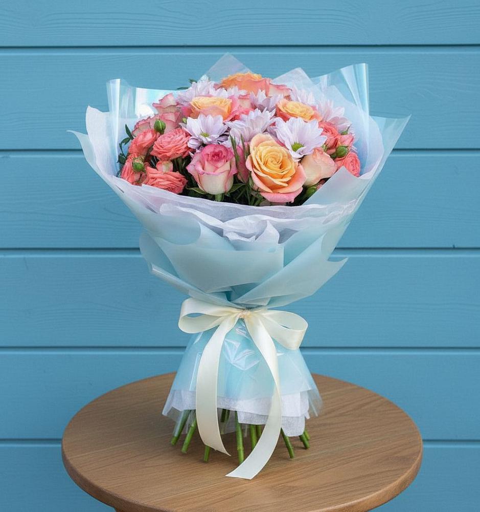 Букет цветов из: Хризантемы и Розы в Заре