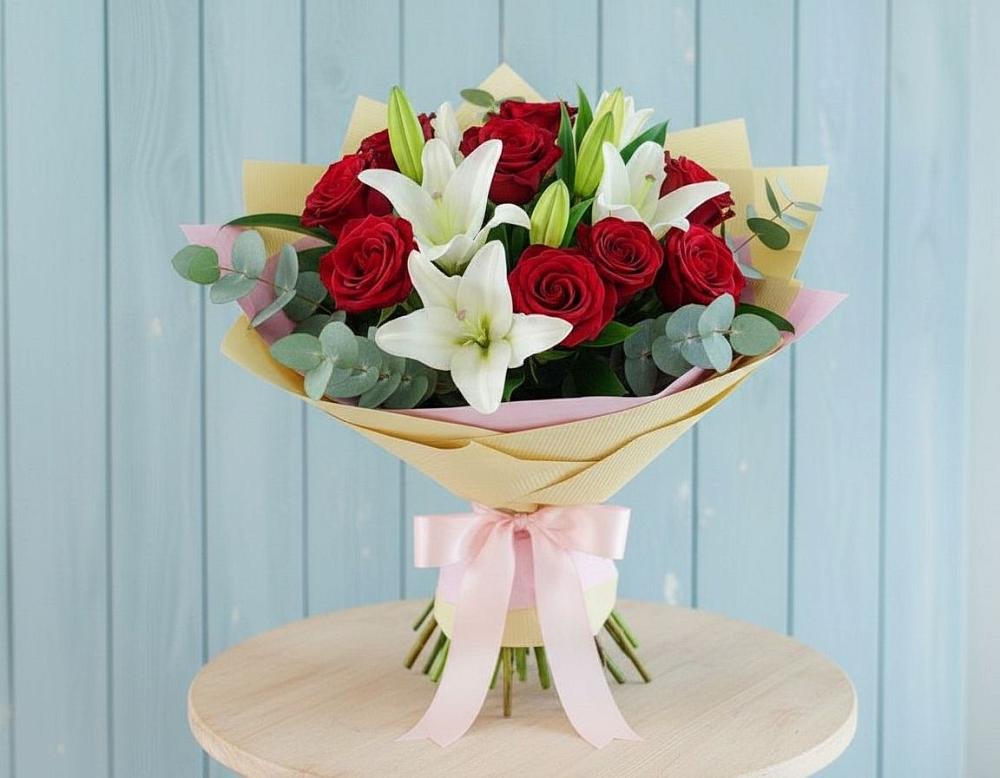 Букет цветов из: Лилии и Розы в Заре