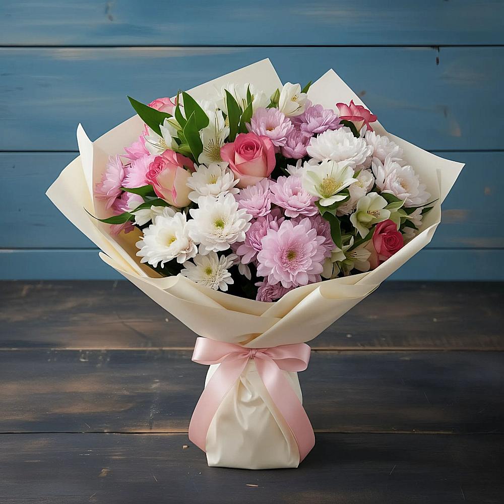 Букет цветов из: Хризантемы, Альстромерии и Розы в Заре